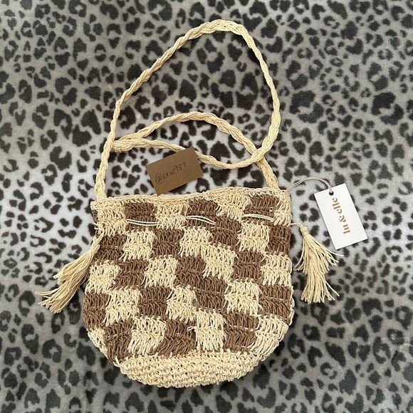 Lu & Elle The Sundrift Tassel Bucket Bag Handwoven Natural Tones Checkered - Picture 8 of 17